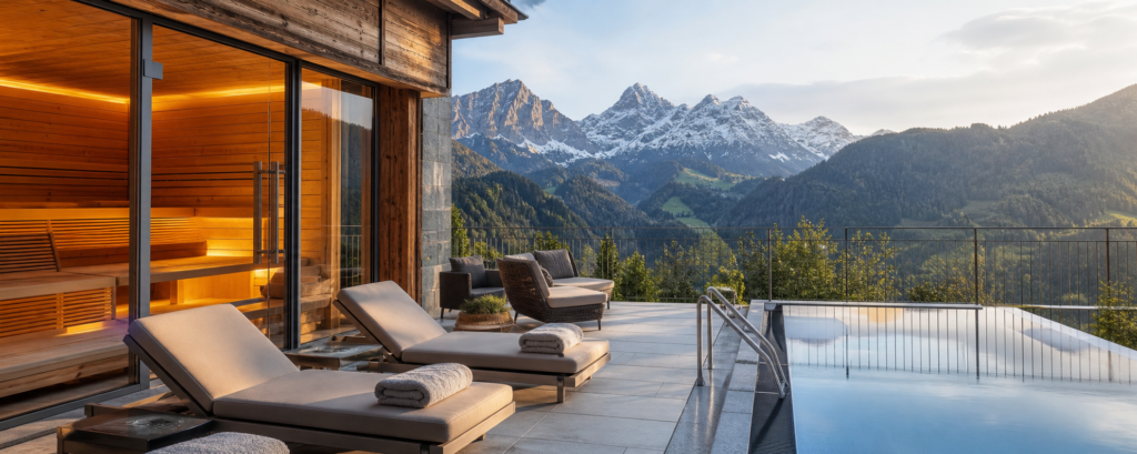 Stijlvolle spa met zwembad en rustruimte in een luxe wellness hotel in Duitsland