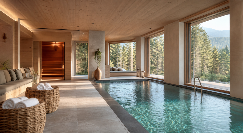 Moderne sauna en binnenzwembad in een spa hotel in Duitsland