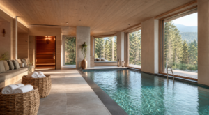 Moderne sauna en binnenzwembad in een spa hotel in Duitsland
