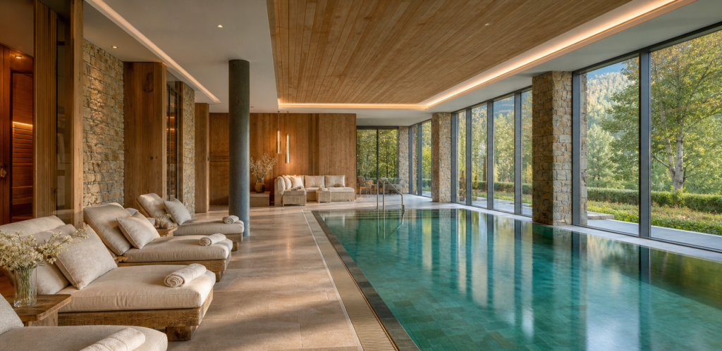 Rustige spa met zwembad en boszicht in een wellness hotel in Duitsland